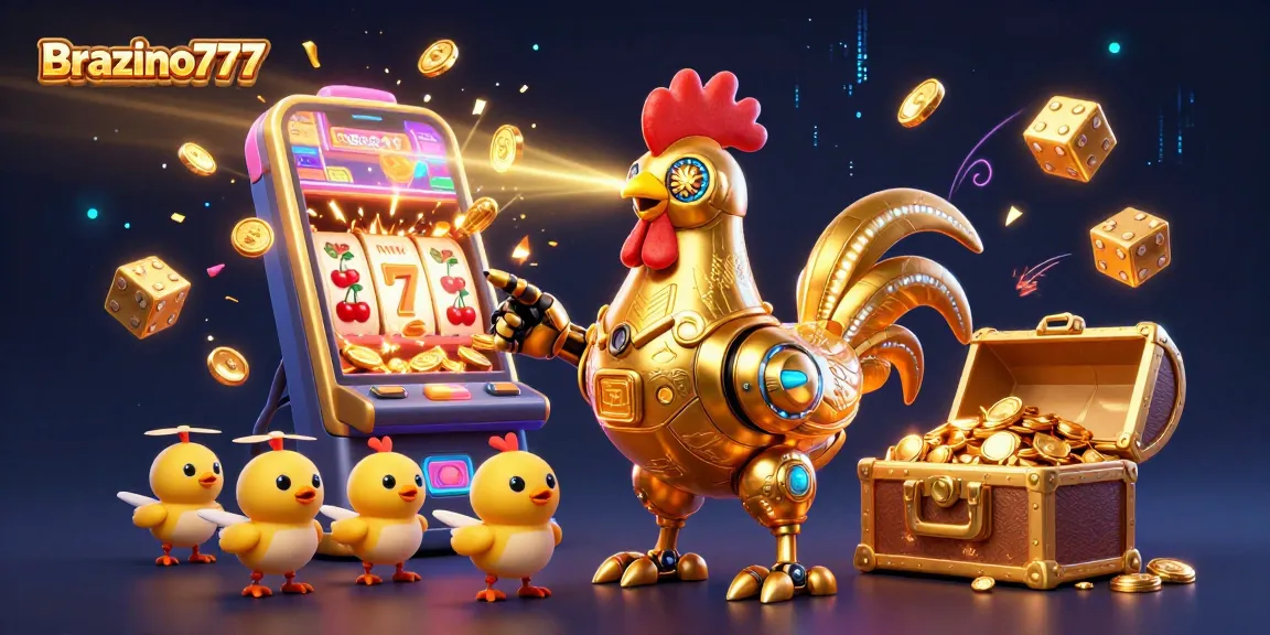 Brazino777 showcases an exciting scene with a golden rooster robot, vibrant slot machines, and dynamic casino elements.