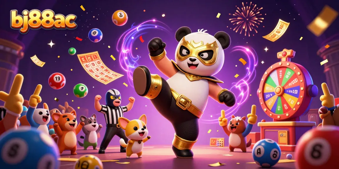 Experience the excitement of bj88ac as a panda wrestler kicks through colorful lottery elements in celebration.