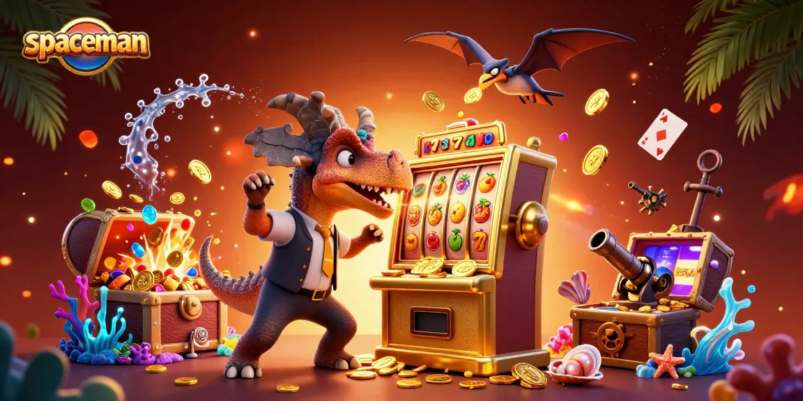Spaceman pachycephalosaurus wins jackpot, collecting flying coins in an exciting casino scene