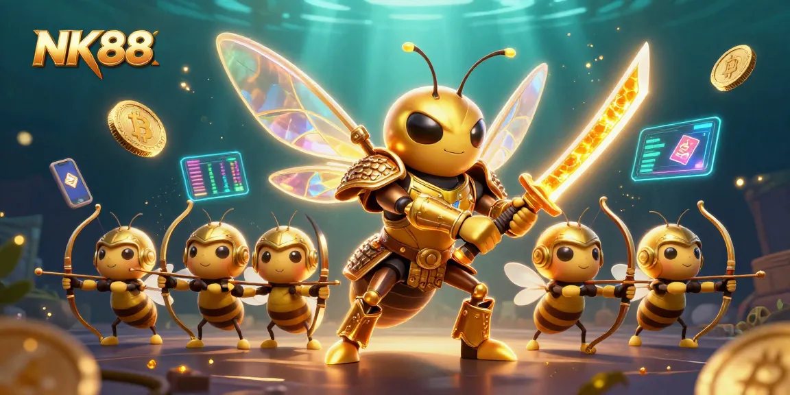 NK88's vibrant gaming scene with samurai hornet and bee archers engaged in a thrilling crypto casino adventure.