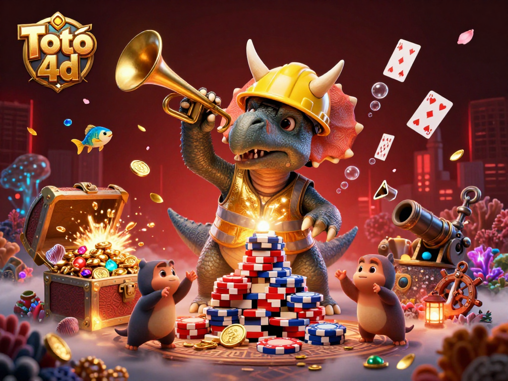Toto 4d showcases a vibrant casino scene with dinosaurs celebrating while building poker chips.