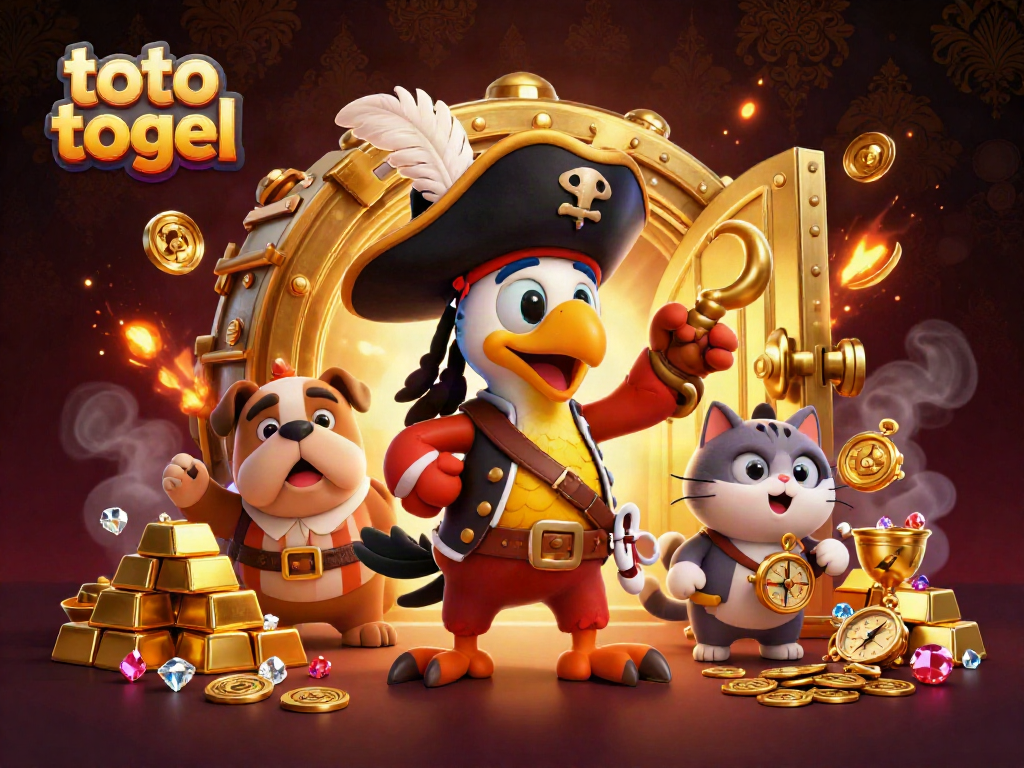 Experience the excitement of toto togel as a cartoon pirate captain leads the adventure amidst treasure and riches.
