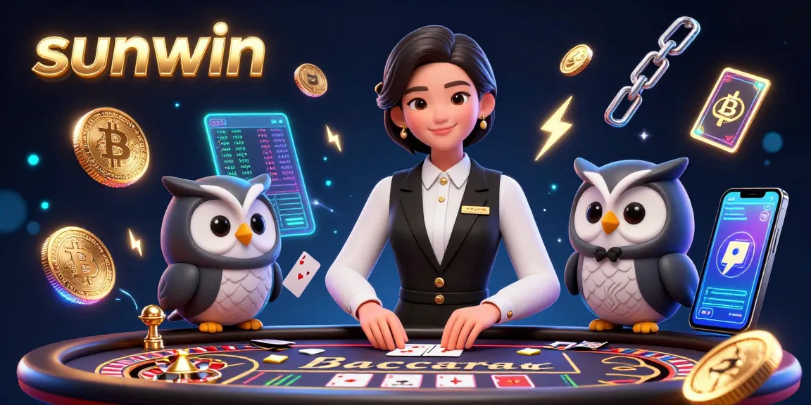 Experience the excitement at Sunwin's virtual casino with dynamic dealers and neon blockchain elements.