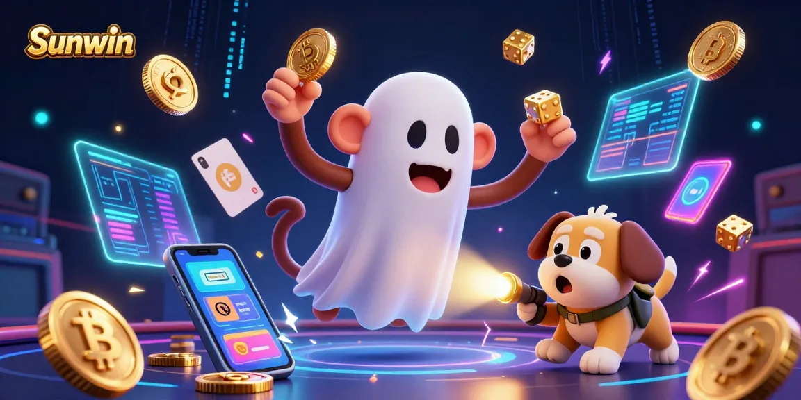 Sunwin presents a dynamic scene with a mischievous monkey and a ghost-hunter puppy in a vibrant casino