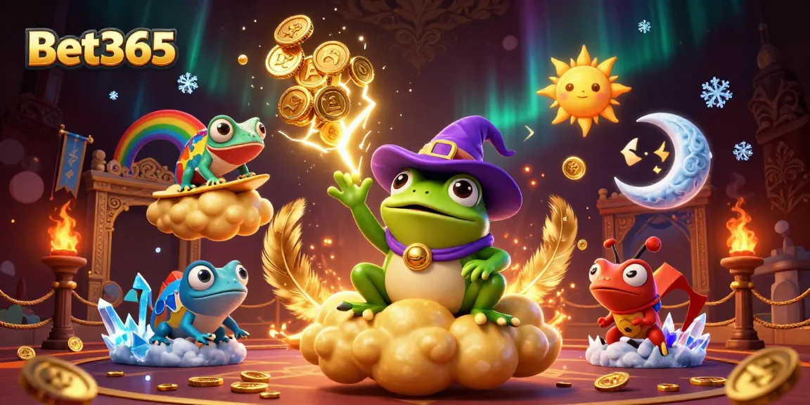 Bet365 lightning storm of golden coins with a wizard frog and chameleon in a lively scene.
