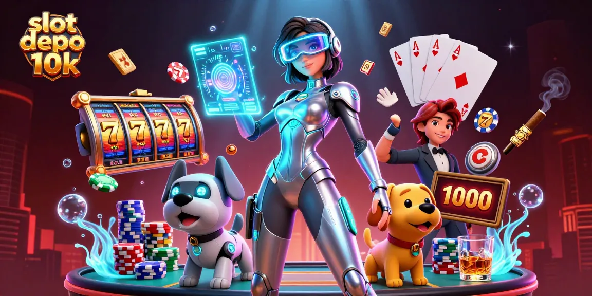 Experience exciting slot depo 10k gameplay with vibrant slot reels and a dynamic casino scene.