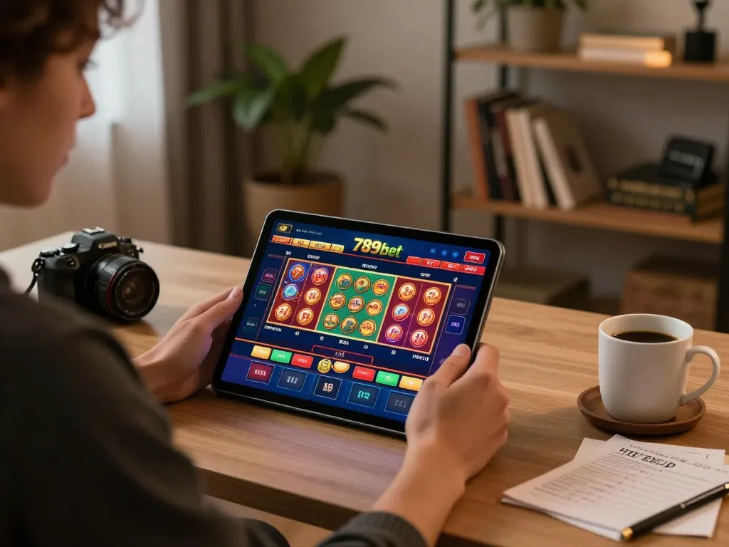 Player engaging in online gaming at 789bet on tablet while reviewing strategic notes for better gameplay.