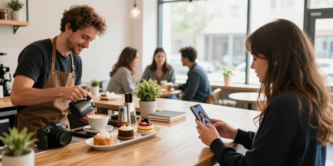 A friendly barista prepares latte art while a young woman updates her crush in a lively café setting.