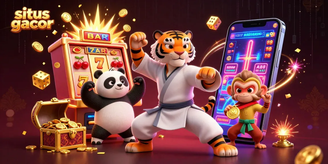 Situs Gacor displays a lively 3D scene with a kung fu tiger and playful monkey, celebrating a casino jackpot.