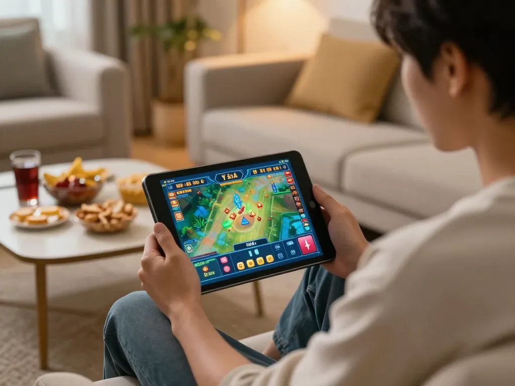 Engaging in tài xỉu online, a player strategizing in a cozy living room setting with tablet and snacks