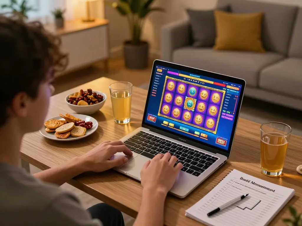 Engaging in slot online gaming at home with colorful interface and cozy atmosphere