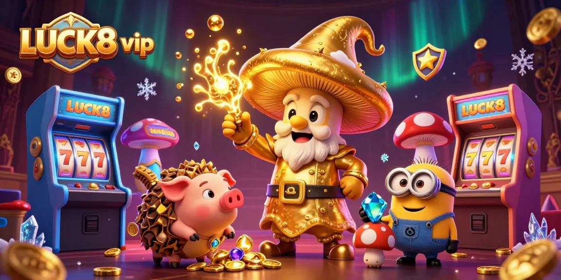 Experience exquisite gaming with LUCK8 vip featuring a golden mushroom wizard in a treasure-laden casino scene.