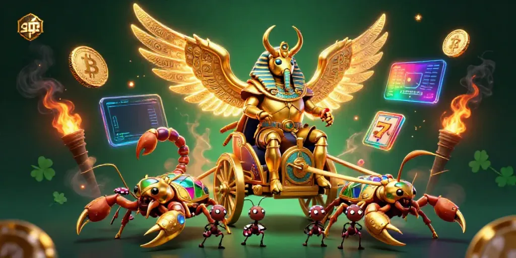 Experience thrilling slot games with vibrant characters like a golden scarab beetle amidst high-stakes excitement.