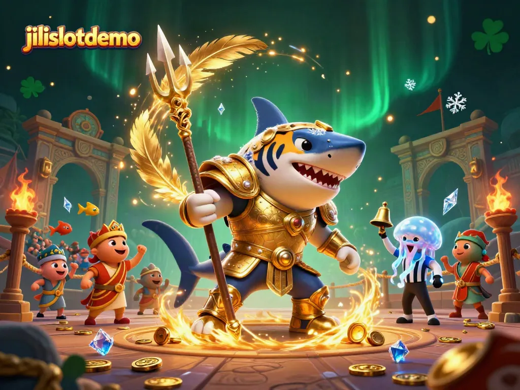 Play the exciting jilislotdemo with vibrant graphics featuring a tiger shark in gladiator armor in a dynamic casino scene.
