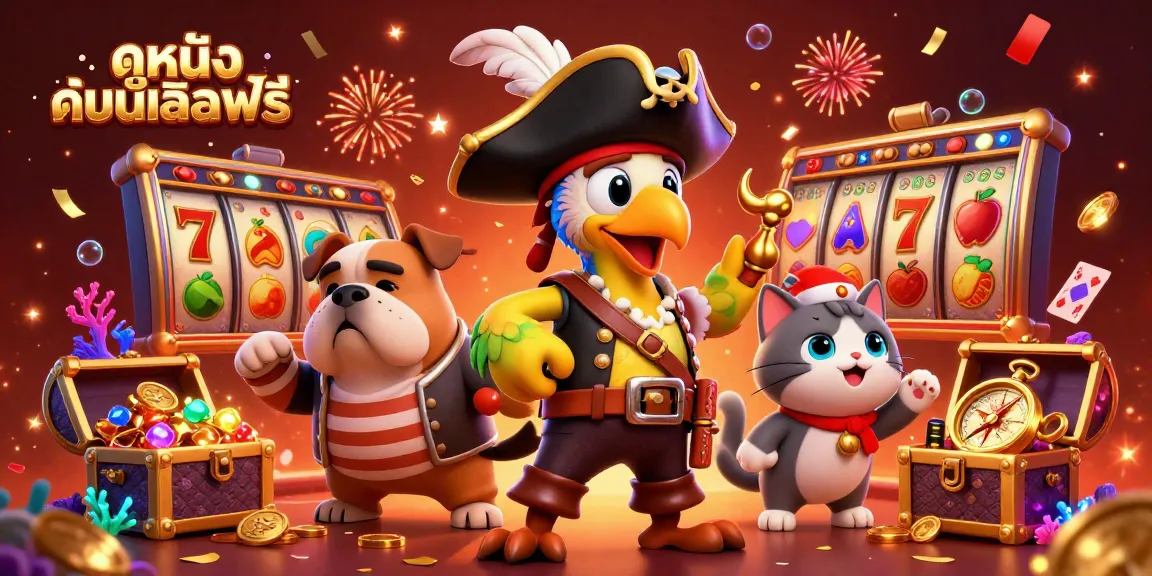 Engage in ดูหนังออนไลน์ฟรี with the vibrant casino scene featuring a pirate captain, bulldog, and navigator.