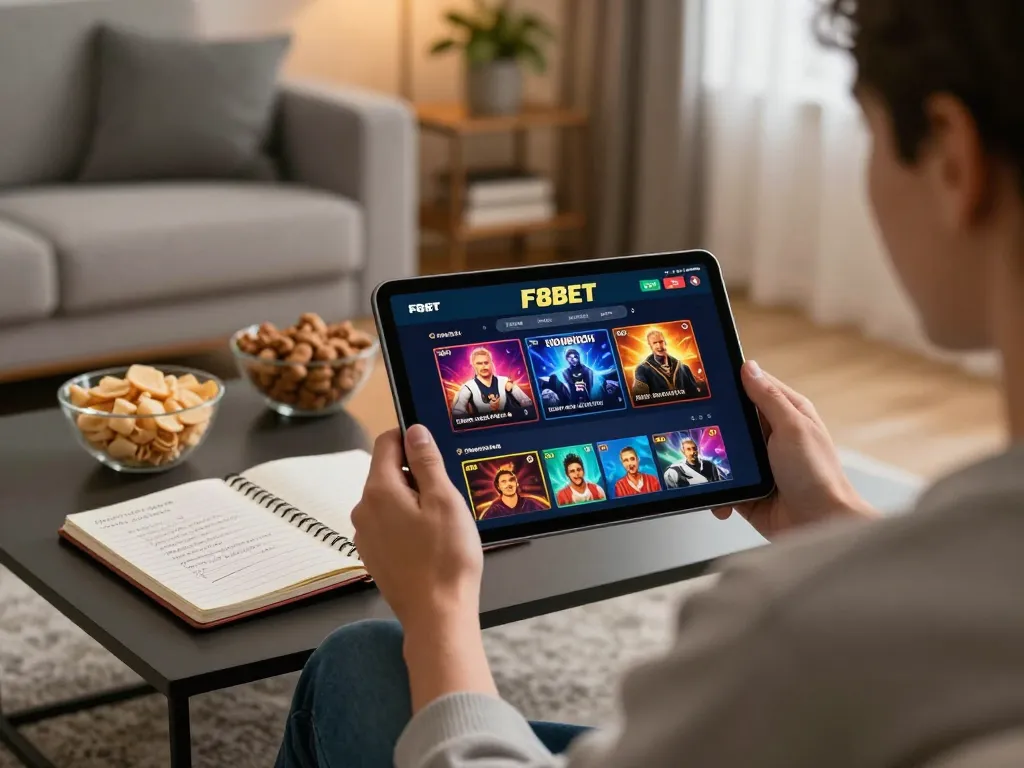 Enjoying online gaming on F8BET's app in a cozy home setting with snacks and strategy notes.