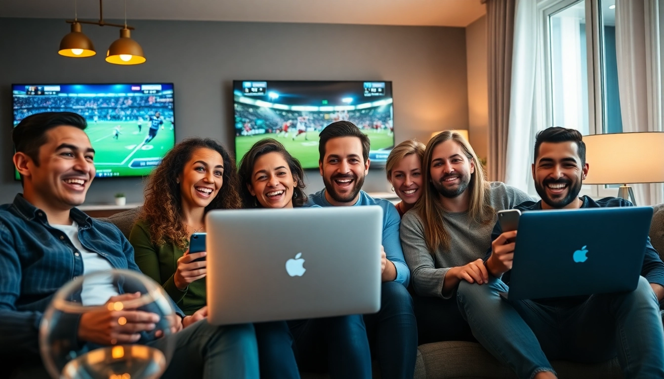 Friends enjoying online betting together in a lively setting, showcasing excitement and connection.