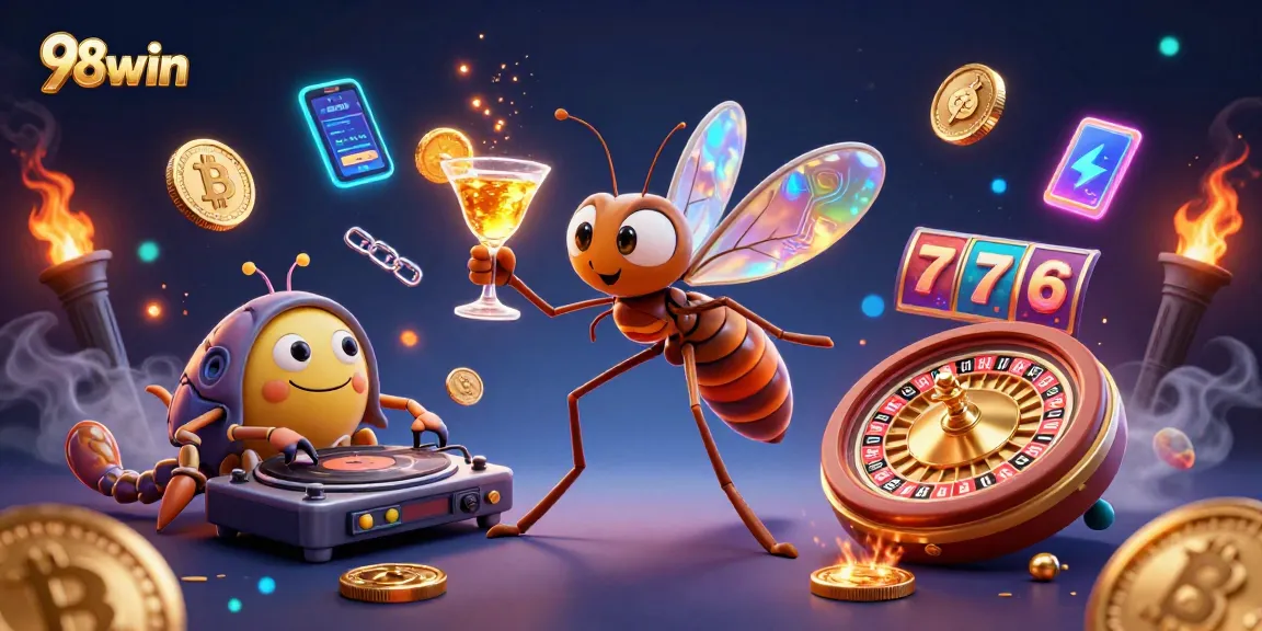 Engage with 98win in a vibrant 3D illustration showcasing an exciting casino atmosphere with unique characters.