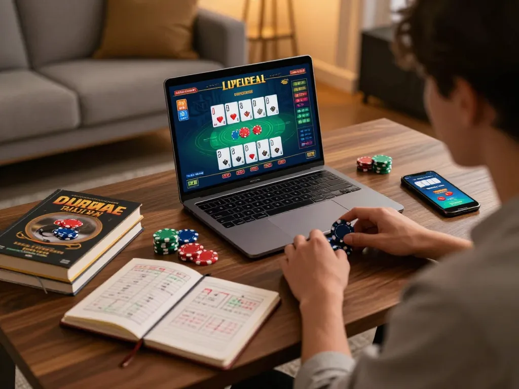 Engaging in online blackjack while reviewing điều khoản và điều kiện at a comfortable home setup.