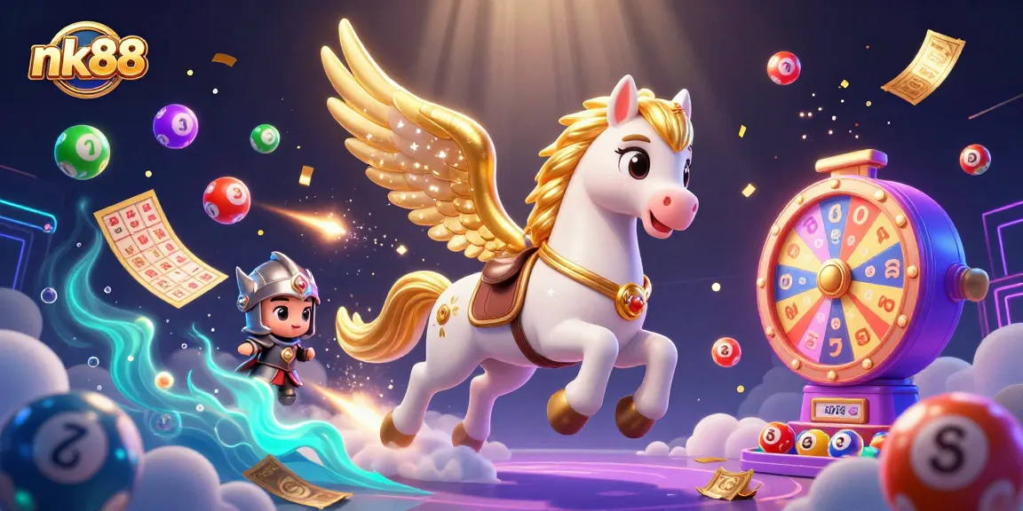 Engage in thrilling moments at nk88 with a celestial theme featuring games, golden tickets, and vibrant casino elements.