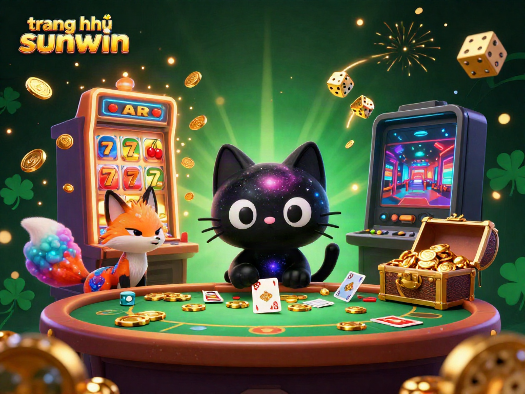Experience the excitement of gambling at trang chủ sunwin with a 3D cosmic casino scene featuring a black hole cat and colorful gaming elements.