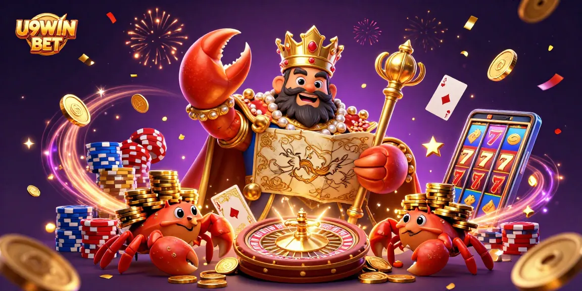 Experience the excitement of U9WIN BET illustrated with a golden crab emperor and dynamic casino elements.