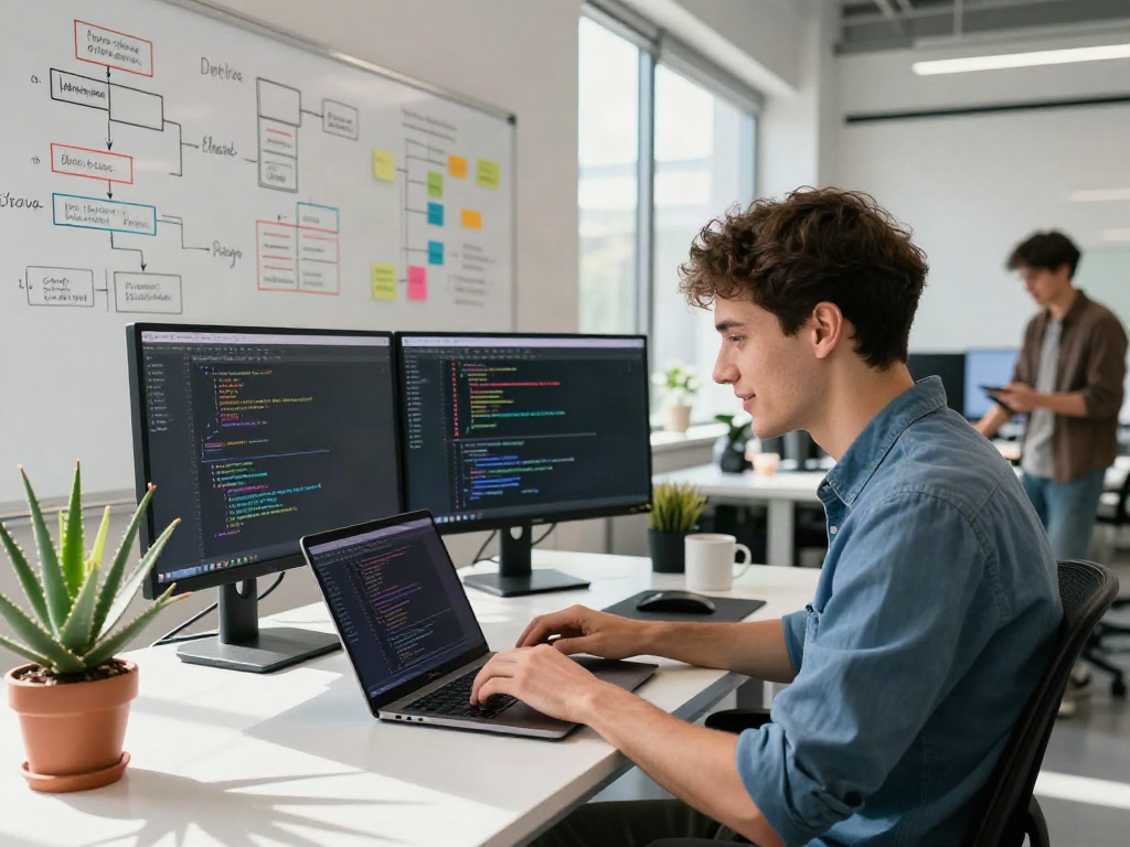 Developer working on situs resmi project in a modern office with dual monitors and collaborative environment.
