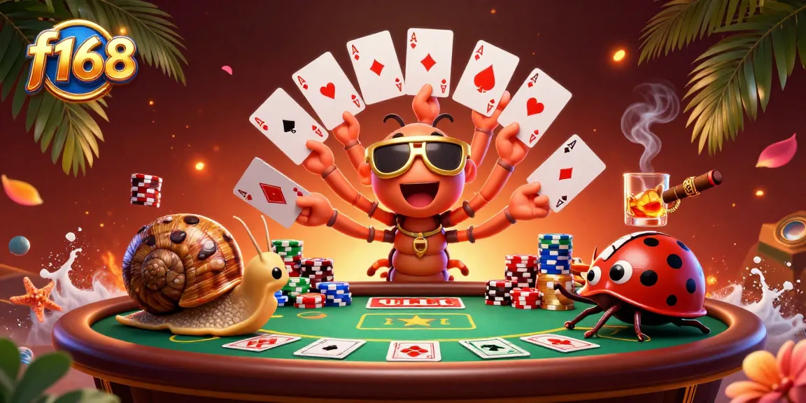 Experience thrilling poker action with f168 in this vibrant casino scene featuring playful characters.