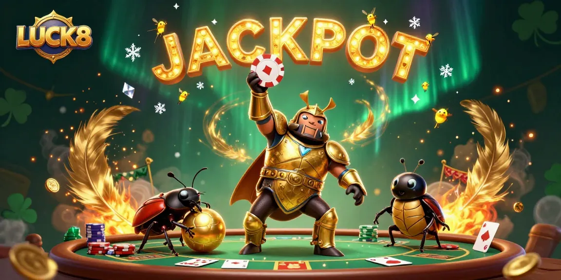 Experience winning thrills with LUCK8 as a heroic beetle claims poker victory amidst dazzling casino elements.