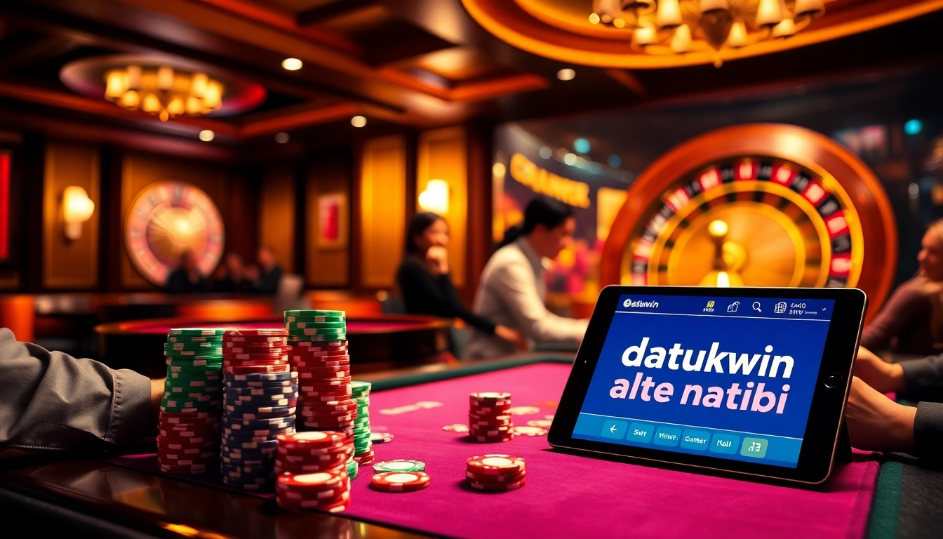 Rasakan sensasi datukwin alternatif dengan chip poker dan roda roulette dalam adegan kasino mewah.