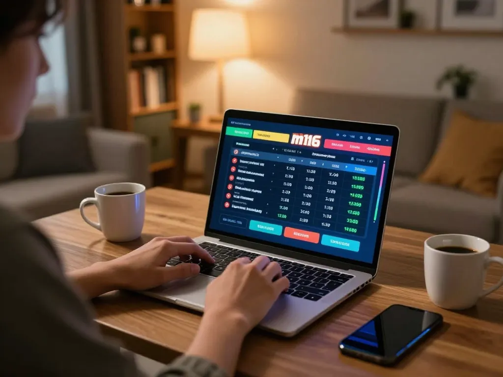 Person using laptop for m116 sports betting with friendly home decor.