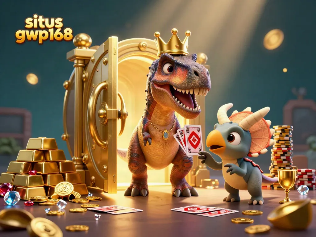 Ilustrasi situs gwp168 yang menyenangkan dengan T-Rex bermain kartu dan triceratops menumpuk chip emas.
