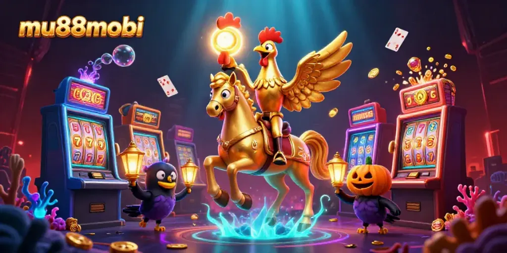 Experience mu88mobi's thrilling casino atmosphere with a golden rooster riding through a midnight casino.