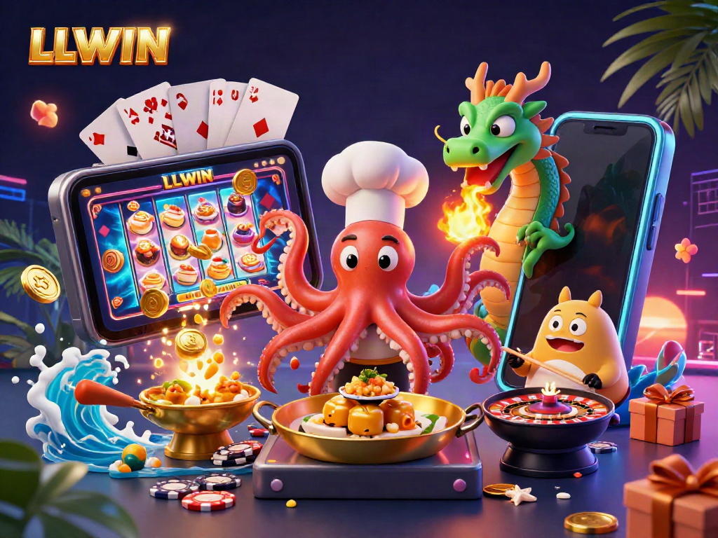 LLWIN slot game experience with an octopus chef, dragon, and dynamic gaming atmosphere.