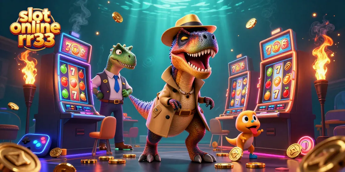 Experience thrilling gameplay at slot online rr33 with a cartoon velociraptor and colorful slot machines!