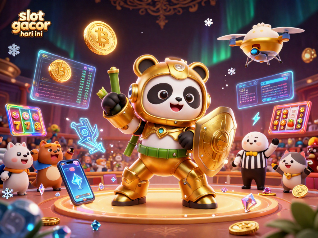 Gambarlah slot gacor hari ini dengan panda emas dalam robot bambu di arena kasino.