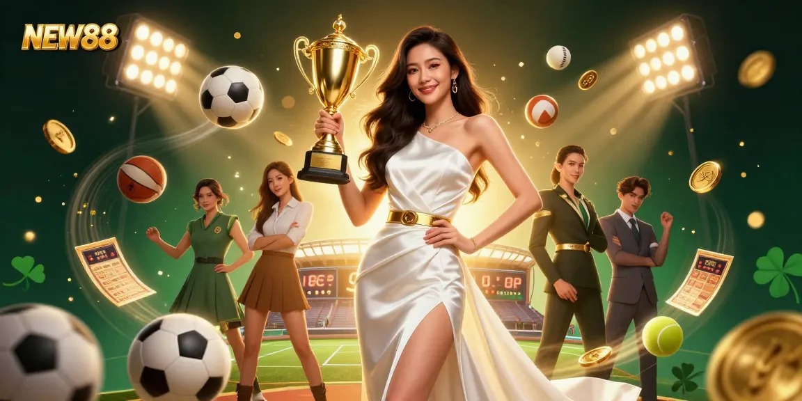 Play and win at NEW88 with a sports betting atmosphere featuring vibrant elements and trophy celebration.