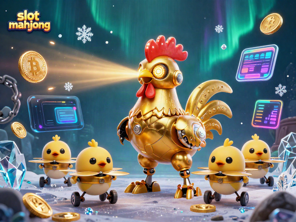 Experience slot mahjong action with golden rooster robot and vibrant crypto elements.
