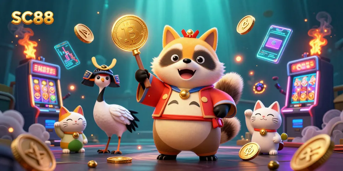Experience thrilling gameplay at SC88 with a vibrant scene of a cheerful tanuki, maneki-neko cats, and crypto coins.
