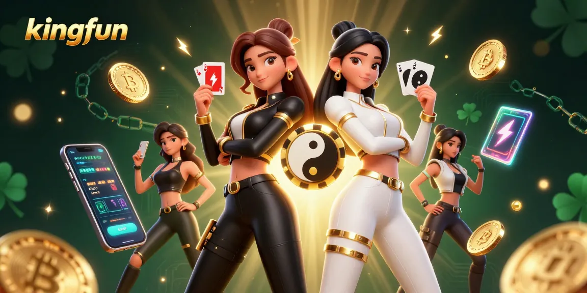 Experience thrilling gameplay with kingfun as stunning twin Asian women hold playing cards amid vibrant casino elements.