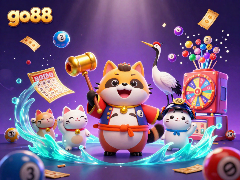 Experience the excitement of go88 with a vibrant 3D illustration showcasing colorful lottery elements.