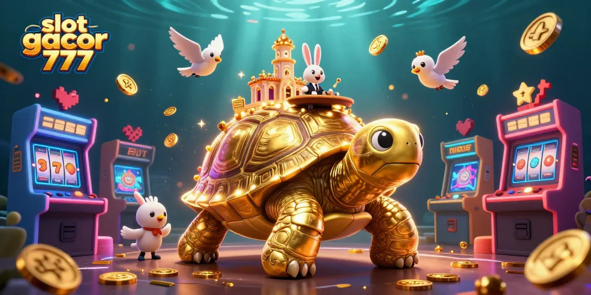 Experience the excitement of slot gacor 777 with a vibrant 3D casino scene featuring a tortoise and a rabbit dealer.