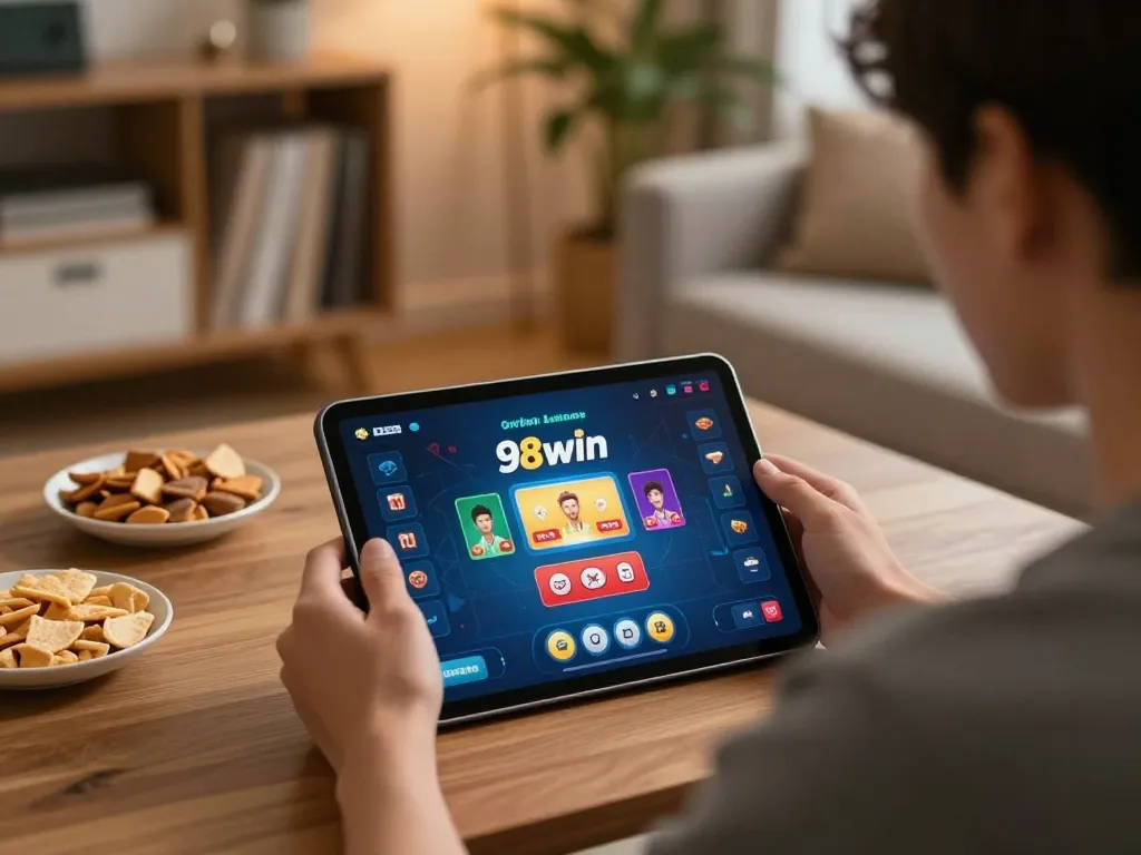 Engaging with app 98win for online gambling in a cozy home setting, showcasing strategy and enjoyment.