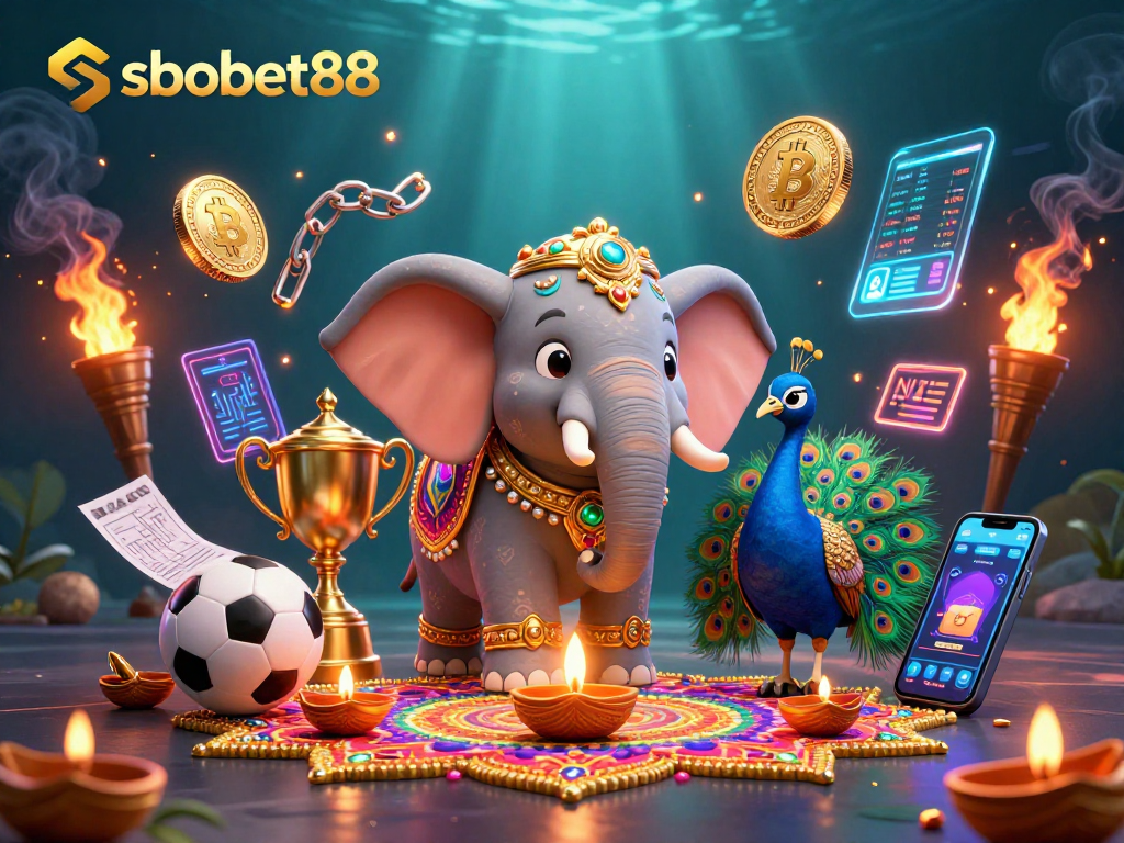 Engage with sbobet88 in vibrant sports betting action surrounded by dynamic elements like trophies and coins.