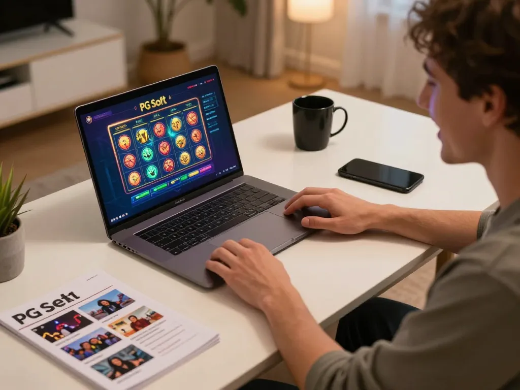 Berinteraksi dengan slot demo PG Soft dalam pengaturan permainan online yang mengundang, menampilkan lingkungan bermain yang imersif.