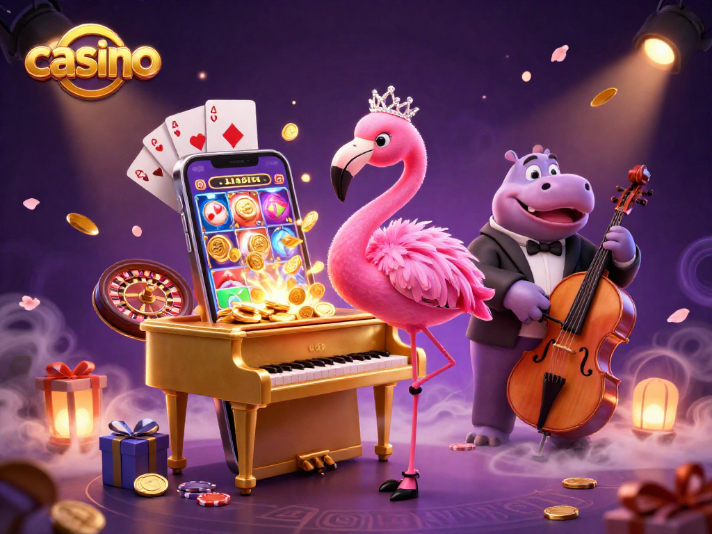 Engaging casino scene with colorful slot game excitement, featuring a flamingo singer and hippo bassist.
