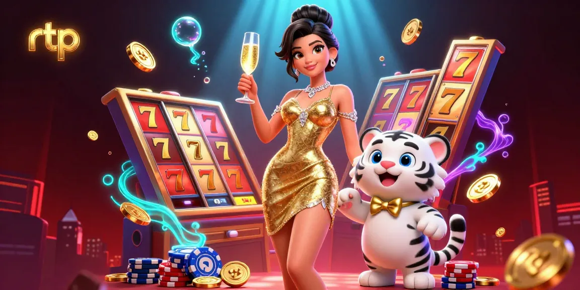 Pursue winning strategies in rtp slot games illustrated with a glamorous woman and a lucky tiger.