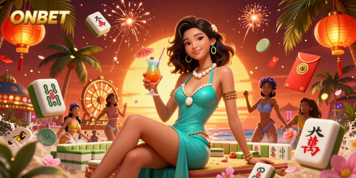 Engage with the vibrant ONBET experience, featuring a glamorous Asian woman amidst festive casino elements and a sunset backdrop.