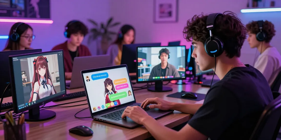 Interactive hentai ai chat scene with diverse characters engaging in a vibrant virtual environment.