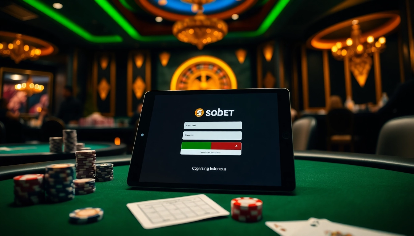 Engaging sbobet login indonesia page displayed amid a vibrant casino atmosphere with poker chips and roulette.